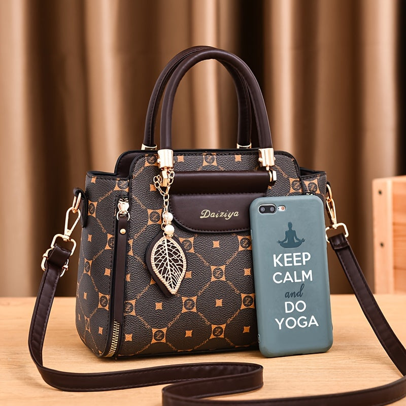 Vintage Style Top-Handle Satchel Bag with Adjustable Strap, Solid Coffee-Colored PU Material with Plaid Pattern, Zipper Closure, Polyester Lined - Fashionable Accessory for Women - Suitable for Business, Casual Outings & Trav